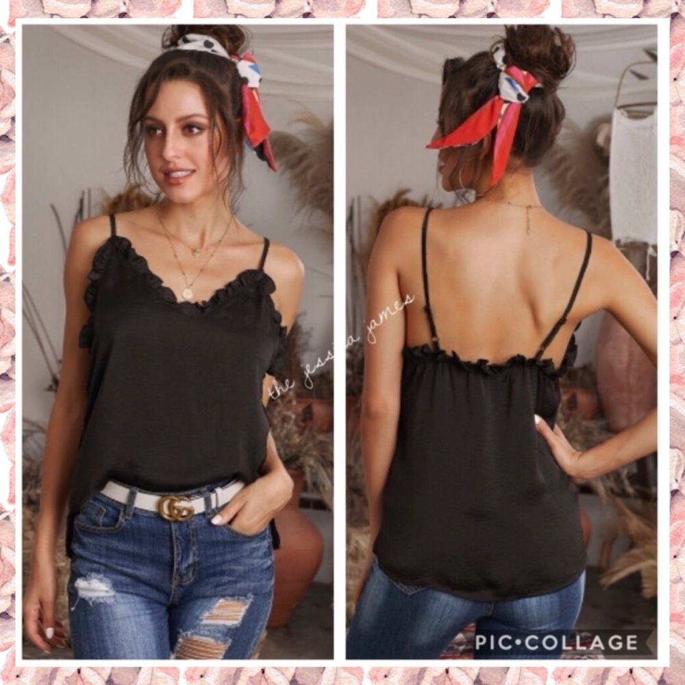 Evita Black Ruffles Adjustable Strap Tank Top NEW - Picture 2 of 12